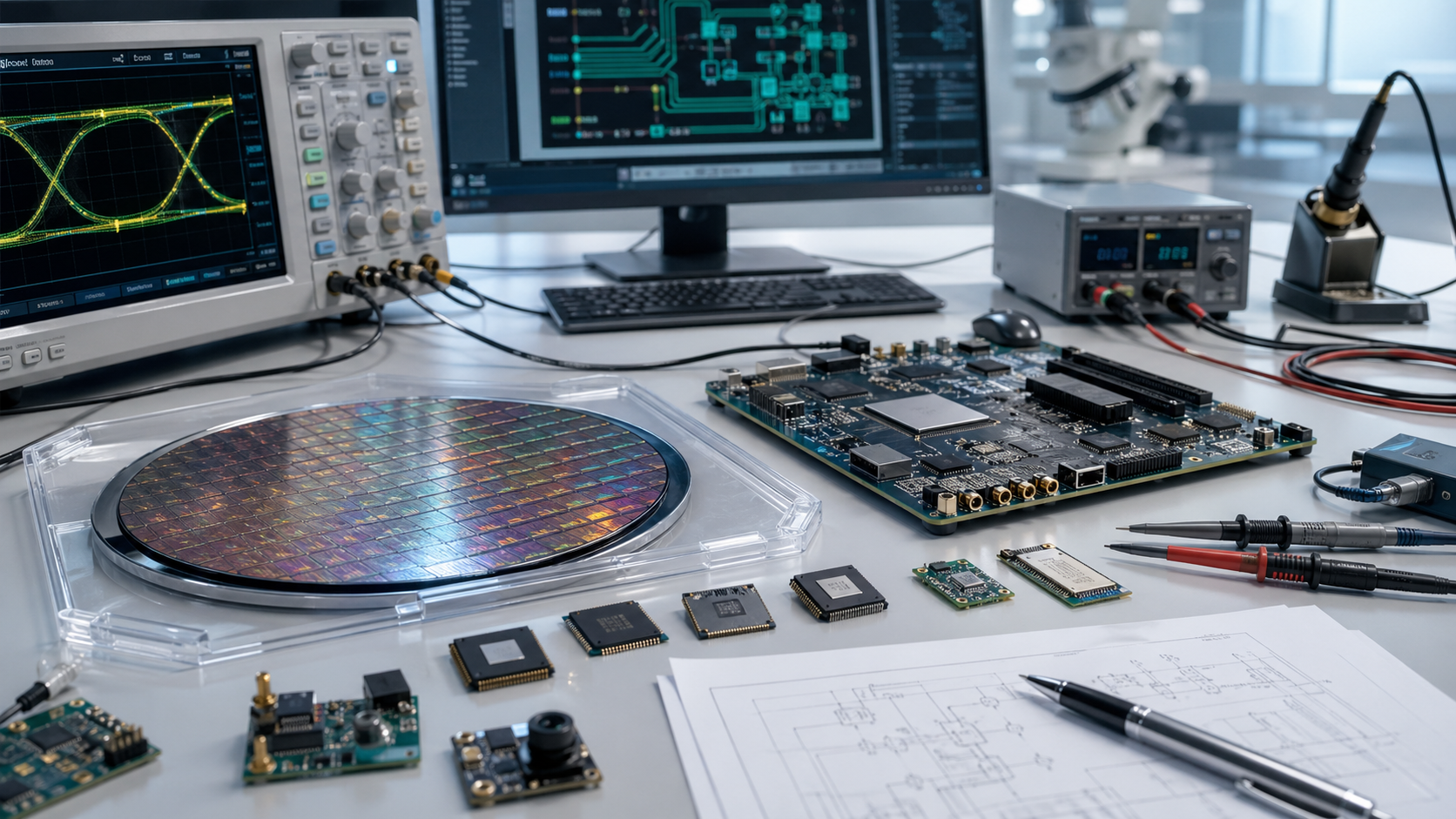 Semiconductor and embedded systems engineering workbench with development boards and instruments